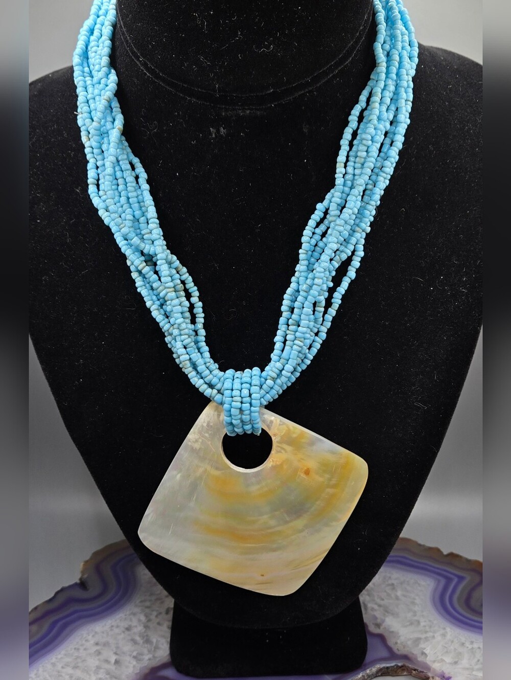 Handmade Turquoise Beaded Necklace w/ MoP Pendant 16"